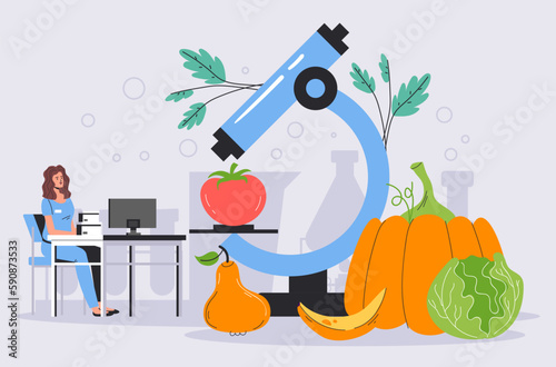 Genetic food vegetable fruit research engineering laboratory science gmo test concept. Vector graphic design illustration