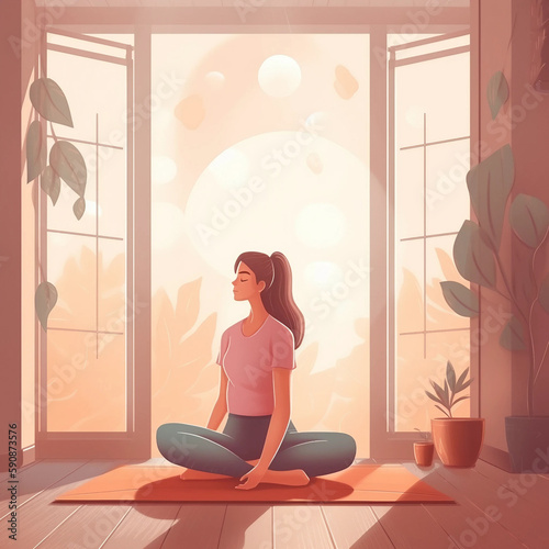 woman yoga sitting on the floor at the window in her home, in the style of dreamlike illustration, warm color palette, serene faces, herb trimpe, ray tracing, inspirational, soft, romantic landscapes