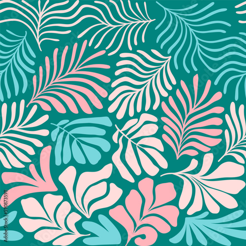 Multicolor abstract background with tropical palm leaves in Matisse style. Vector seamless pattern with Scandinavian cut out elements.