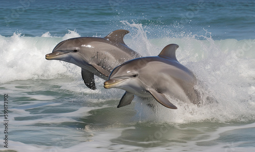 Summer vacation on the beach at sunset with dolphins in the waves created with Generative AI technology