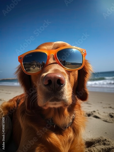 Summer vacation on the beach with dog wearing sunglasses and an island shirt created with Generative AI technology © Lynne Ann Mitchell