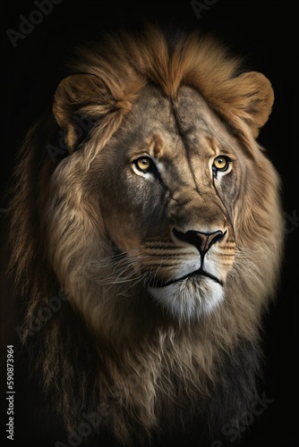 Lion, portrait sur fond noir, roi de la jungle façon portrait animalier, illustration ia générative