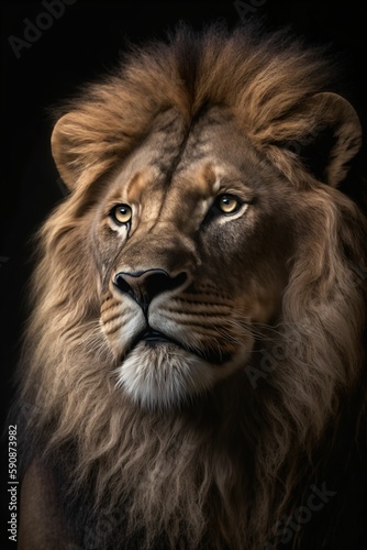 Lion, portrait sur fond noir, roi de la jungle façon portrait animalier, illustration ia générative