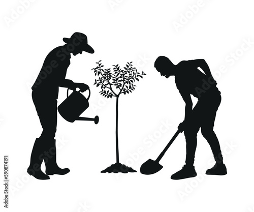 Silhouette of people couple planting outdoor nature. Man digging hole and woman watering plant gardening activities silhouette images.