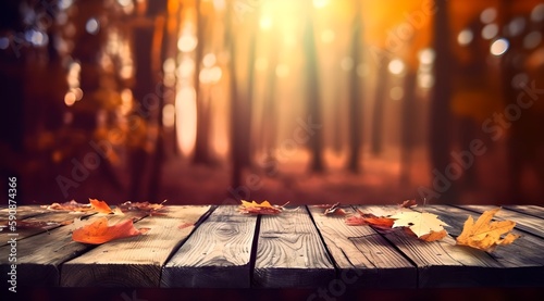 Autumn wooden table - orange leaves and wooden plank at sunny forest  golden hour  generative ai