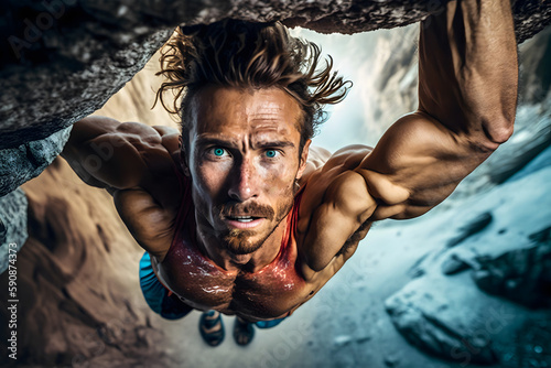 Muscular strong male athlete climbs a steep cliff, rock climbing sport. Stern look to achieve the goal to climb to the top, a difficult site. Generative AI