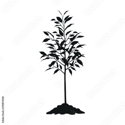 Young tree with on pile of soil isolated vector silhouette.