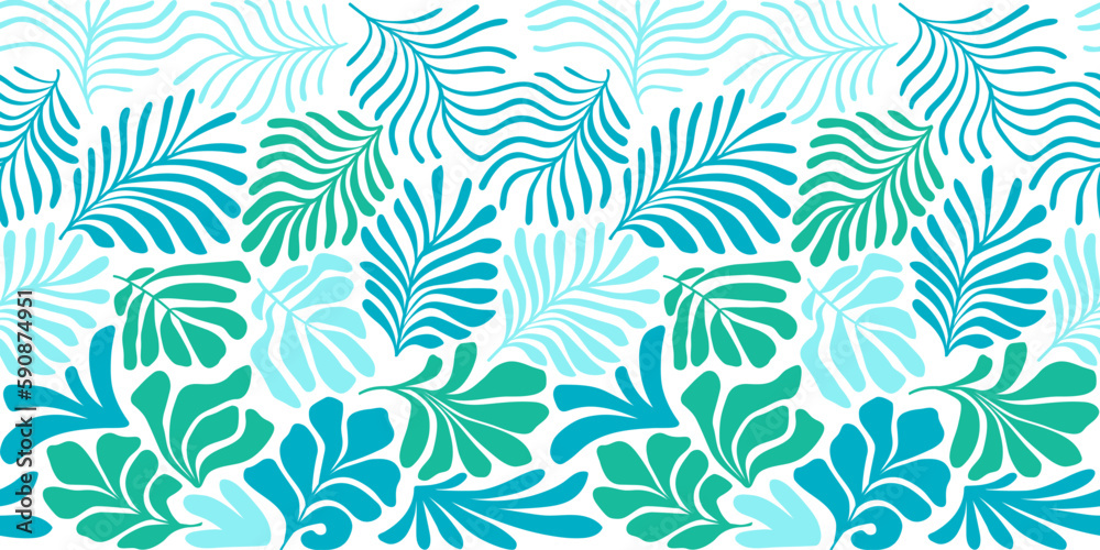 Multicolor abstract background with tropical palm leaves in Matisse style. Vector seamless pattern with Scandinavian cut out elements. Multicolor abstract background with tropical palm leaves in Matisse style. Vector seamless pattern with Scandinavian cut out elements.