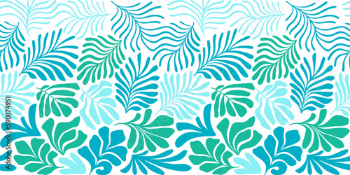 Multicolor abstract background with tropical palm leaves in Matisse style. Vector seamless pattern with Scandinavian cut out elements.