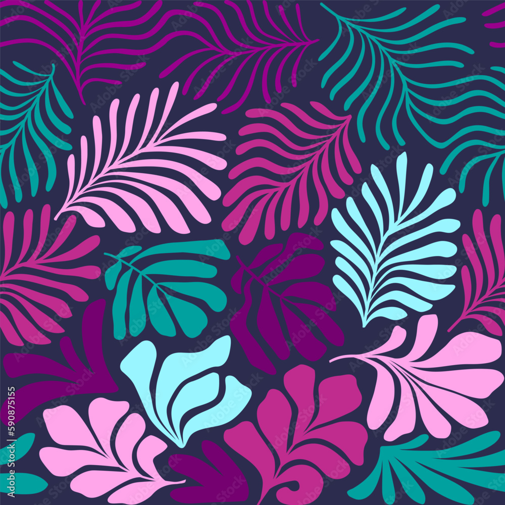 Multicolor abstract background with tropical palm leaves in Matisse style. Vector seamless pattern with Scandinavian cut out elements.