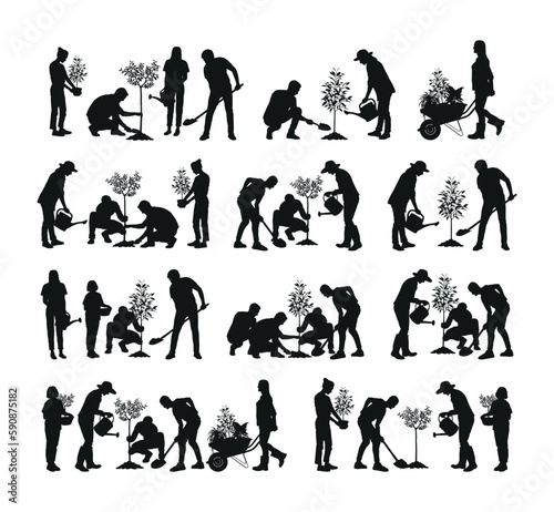 People planting trees outdoor black silhouette set. Digging ground, watering plant, carrying pot, pushing wheelbarrow, gardening activities silhouettes images collection.
