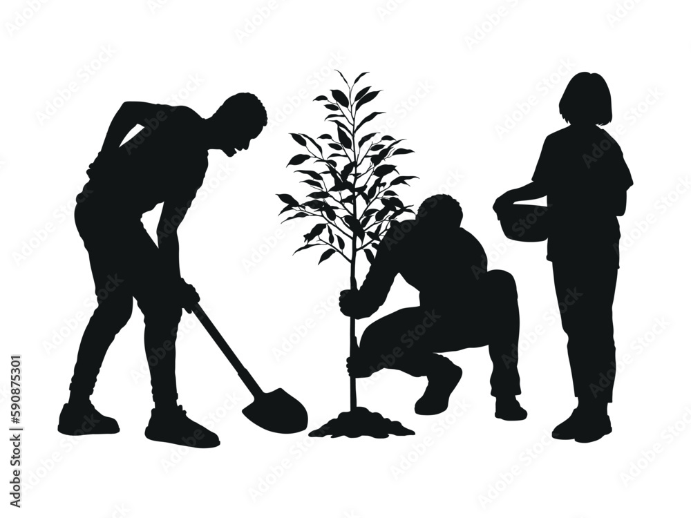 Group of people volunteers planting trees full length vector silhouette.