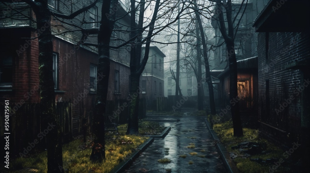 illustration d'une rue abandonnée, sous la pluie par temps gris, ruelle effrayante. illustration ia générative illustration d'une rue abandonnée, sous la pluie par temps gris, ruelle effrayante. illustration ia générative
