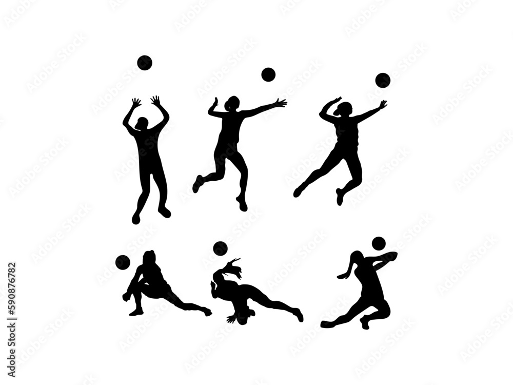 volleyball girl in action. jumping player. woman volleyball player silhouette collection. vector Images of female volleyball silhouettes spiking and setting ball.