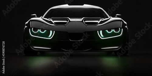 Silhouette of a luxury black sports car with green headlights, generative ai