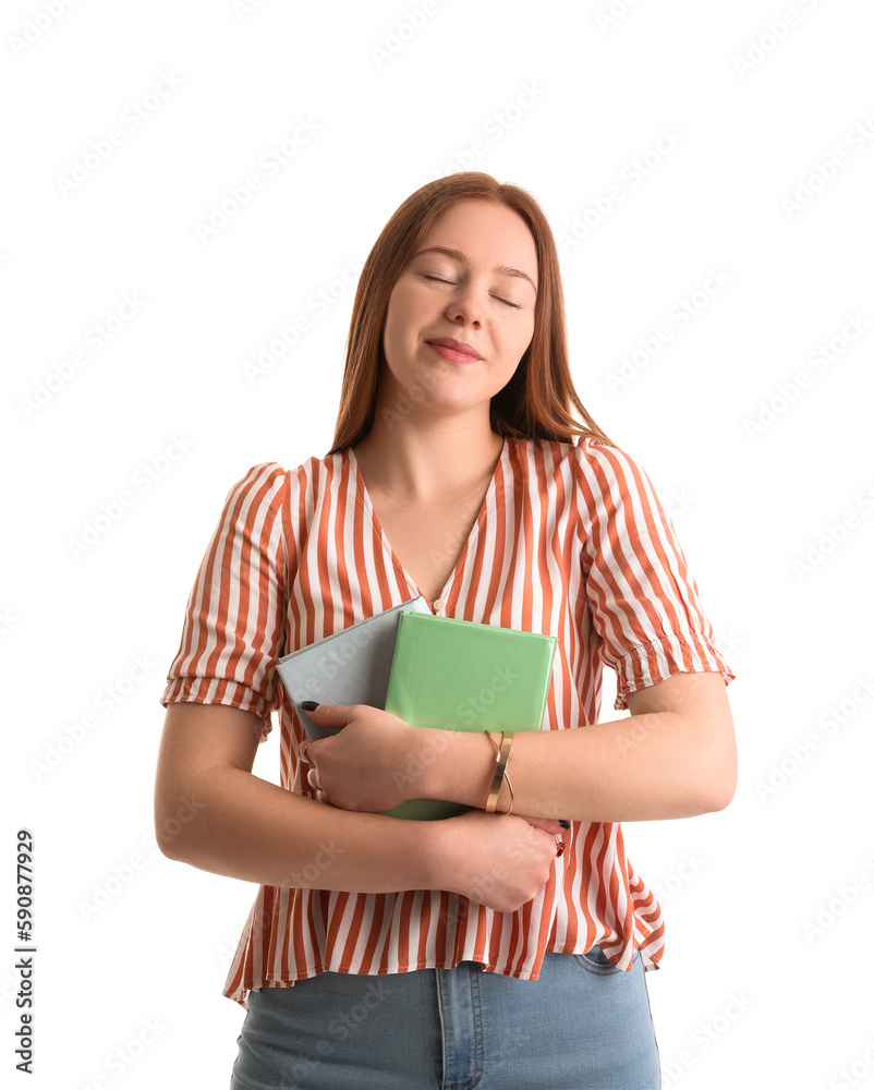 Teenage girl with books on white background Teenage girl with books on white background