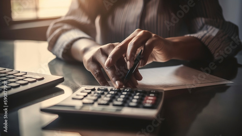Tax time, womans hands marking notes and using a calculator