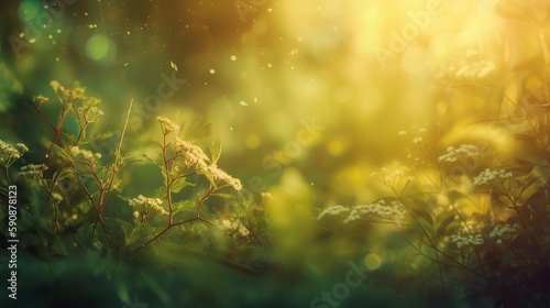 Spring background, colorful wildflowers and golden light