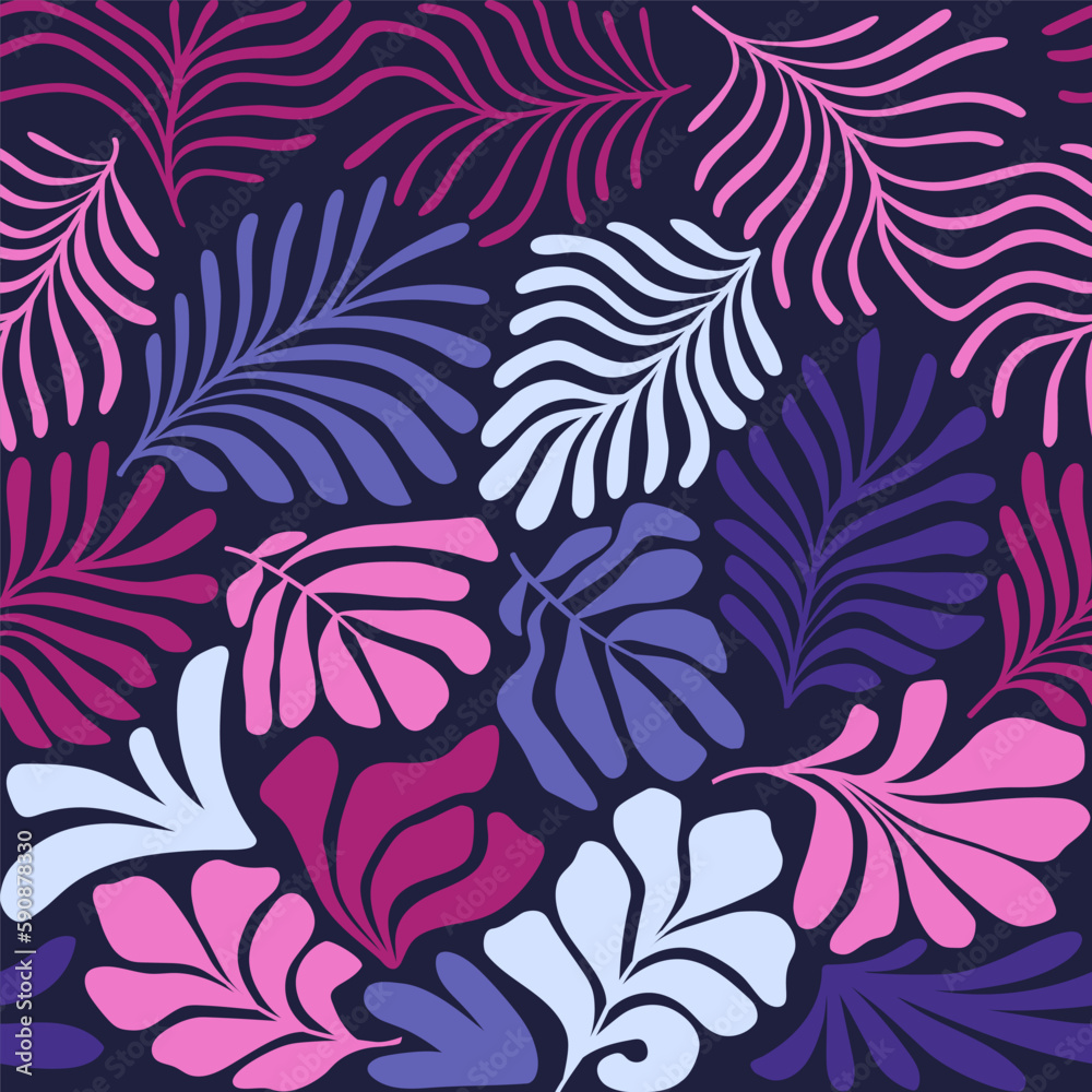 Multicolor abstract background with tropical palm leaves in Matisse style. Vector seamless pattern with Scandinavian cut out elements. Multicolor abstract background with tropical palm leaves in Matisse style. Vector seamless pattern with Scandinavian cut out elements.