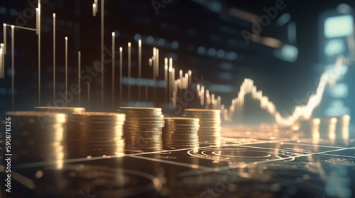 Coins in a gold color lighting with stock charts double exposure