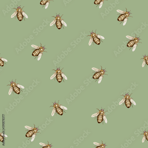 Watercolor seamless, cartoon pattern with flowers and insects on a background. Kids style background with beautiful summer or spring flowers. Applicable for textiles, wallpapers, decor. © Leila