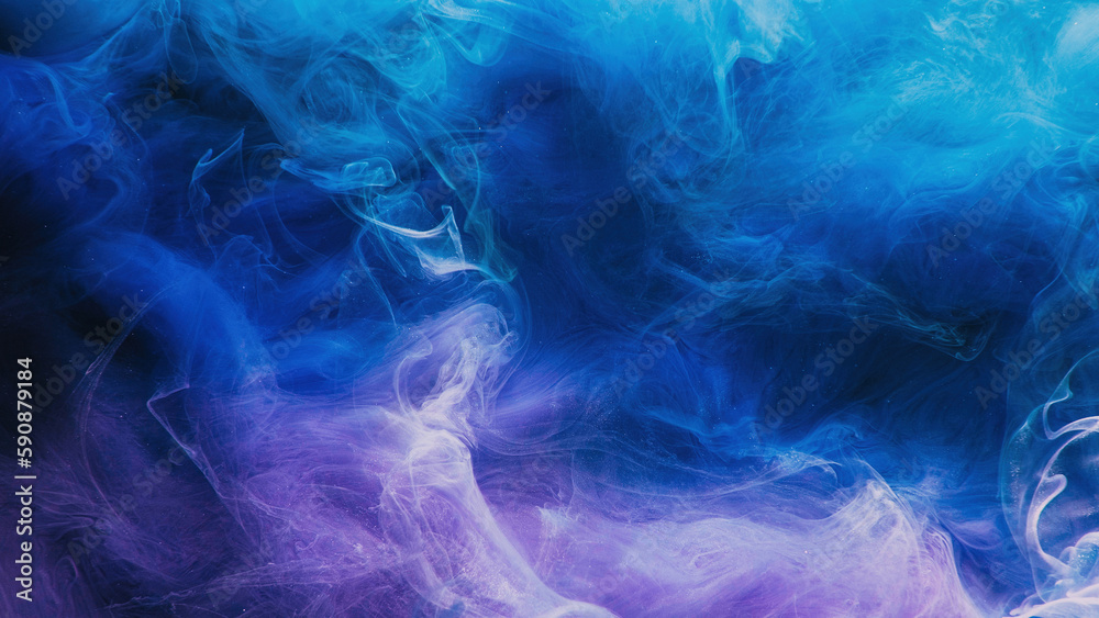Mist texture. Color smoke. Paint water mix. Mysterious storm sky. Blue purple glowing fog cloud wave abstract art background with free space. - obrazy, fototapety, plakaty 