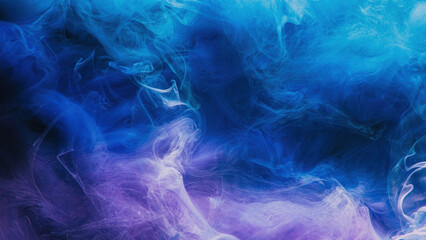 Mist texture. Color smoke. Paint water mix. Mysterious storm sky. Blue purple glowing fog cloud wave abstract art background with free space.