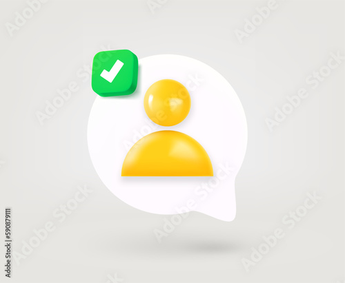Speech cloud with profile pictogram and approve check mark. Approved profile concept. 3d vector linear icon