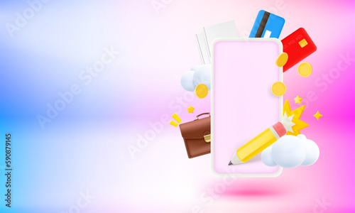 Modern smartphone with business elements and blank screen. 3d vector banner with copy space 