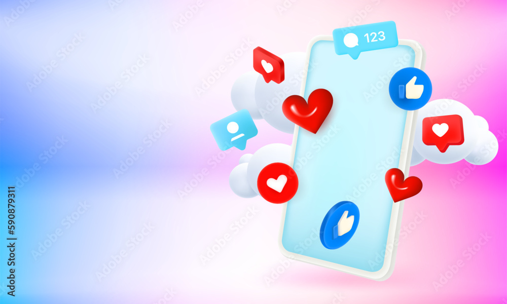 Obraz premium Social media web or mobile application with emoji. 3d vector banner with copy space