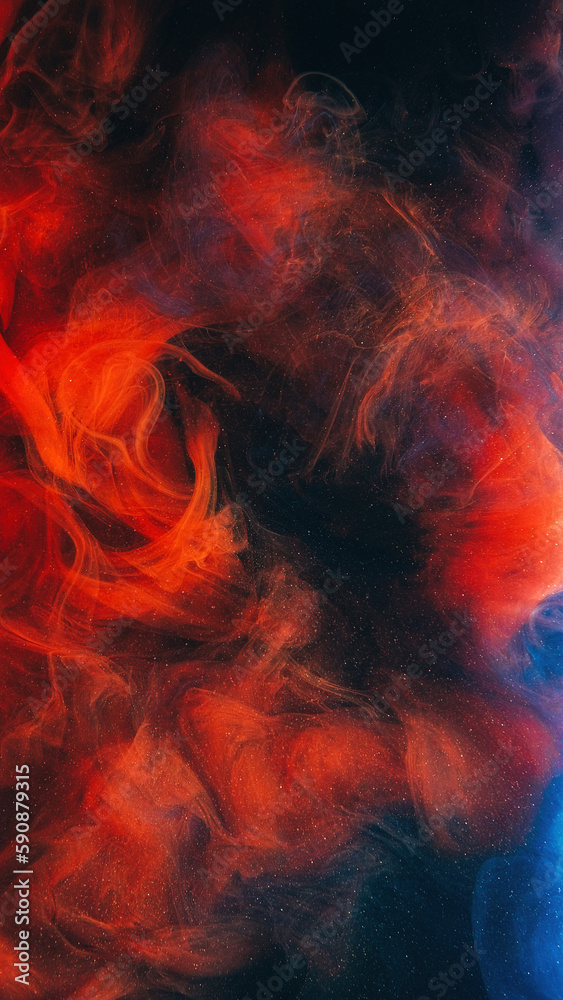 Fume texture. Color mist. Ink water mix. Red blue burning hot sparks smoke cloud particles floating on dark black abstract art background with copy space.