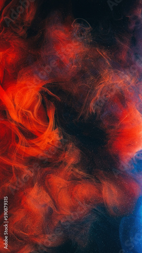 Fume texture. Color mist. Ink water mix. Red blue burning hot sparks smoke cloud particles floating on dark black abstract art background with copy space.