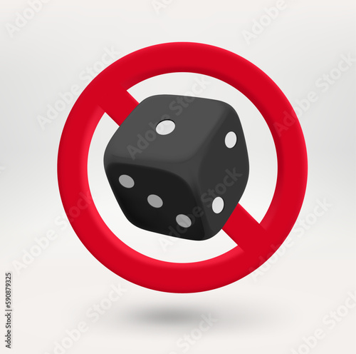 Dice icon in red circle with crossed line. No gamebling concept. 3d vector icon photo