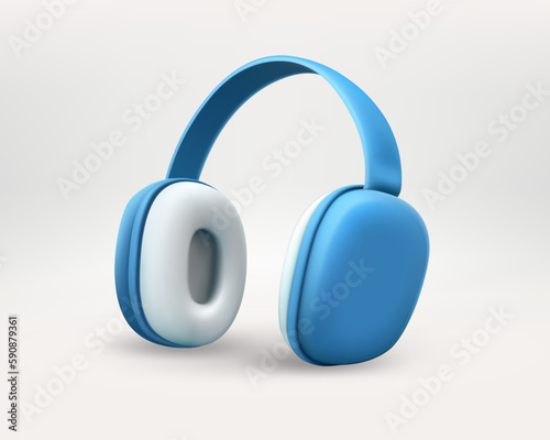 Blue wireless headphones isolated on white background. Gamebling concept. 3d vector banner with copy space
 photo
