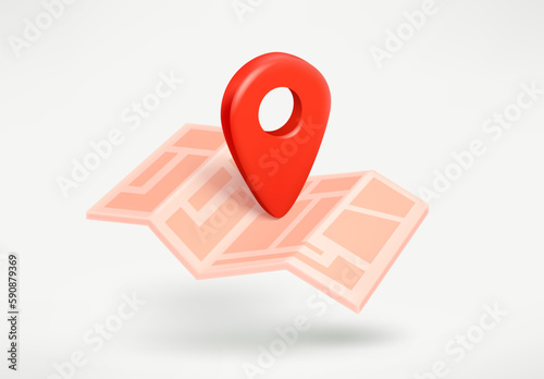Paper map with location pointer. 3d vector illustration