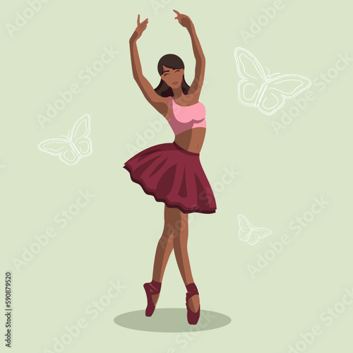 Vector illustration classical ballet. African American woman ballet dancer in red tutu and pointe shoes dancing on green background. Beautiful young faceless ballerina in a flat style