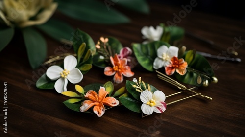 A set of hairpins and bows featuring tiny tropical flowers and foliage Generative AI