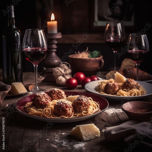 A plate of pasta with tomato sauce, meatballs and red wine in a romantic Italian restaurant setting, AI generative