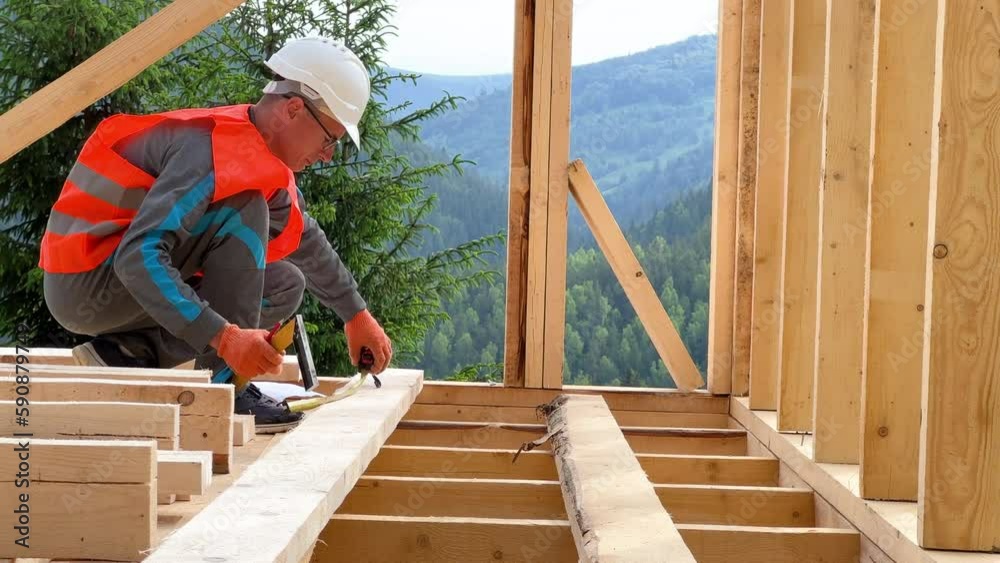 Carpenter in the process of building wooden frame house. Man measures distances with a measuring tape while dressed in workwear and helmet. Concept of modern, environmentally-friendly construction. Carpenter in the process of building wooden frame house. Man measures distances with a measuring tape while dressed in workwear and helmet. Concept of modern, environmentally-friendly construction.