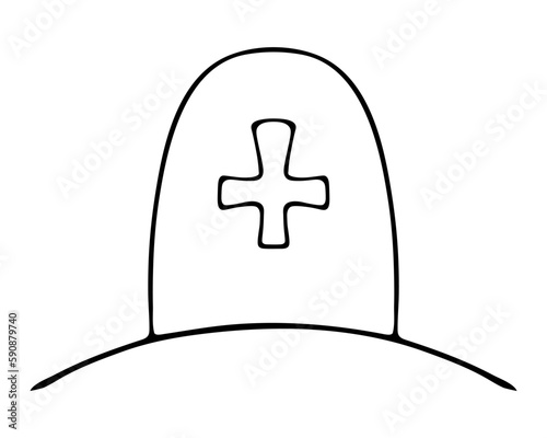 Tombstone. Monument made of granite. Vector illustration. Contour on an isolated background. Doodle style. Gloomy sketch.