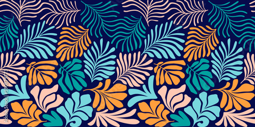 Multicolor abstract background with tropical palm leaves in Matisse style. Vector seamless pattern with Scandinavian cut out elements.