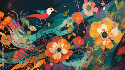 A scarf with a colorful, abstract print featuring tropical flowers and birds Generative AI © Наталья Евтехова