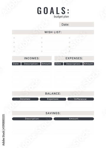 Goals of personal monthly budget planner, vector illustration