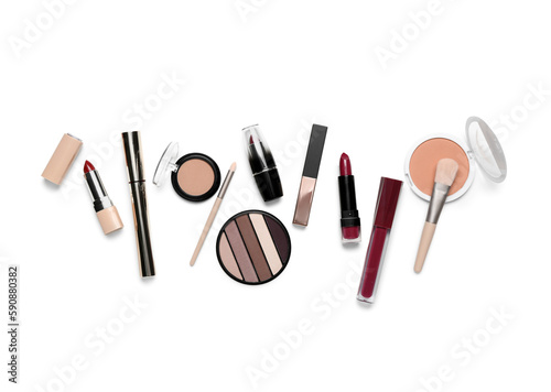 Obraz na plátne Decorative cosmetics with brushes on white background, top view