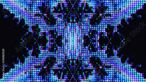 Glitch glow. Digital fractal. Electronic ornament. Iridescent blue pink yellow color light liquid crystal symmetrical pixel design on dark black abstract illustration background.