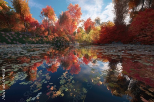 A pond surrounded by colorful leaves Generative AI 2 © Rahit