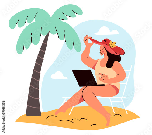Freelance worker work on beach summer holiday travel concept. Vector graphic design illustration
