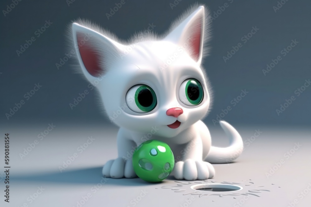3D cartoon curious kitten is investigating a new toy with its sharp claws. Generative AI