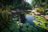 A pond in a peaceful garden with lily pads floating on lake Generative AI 4