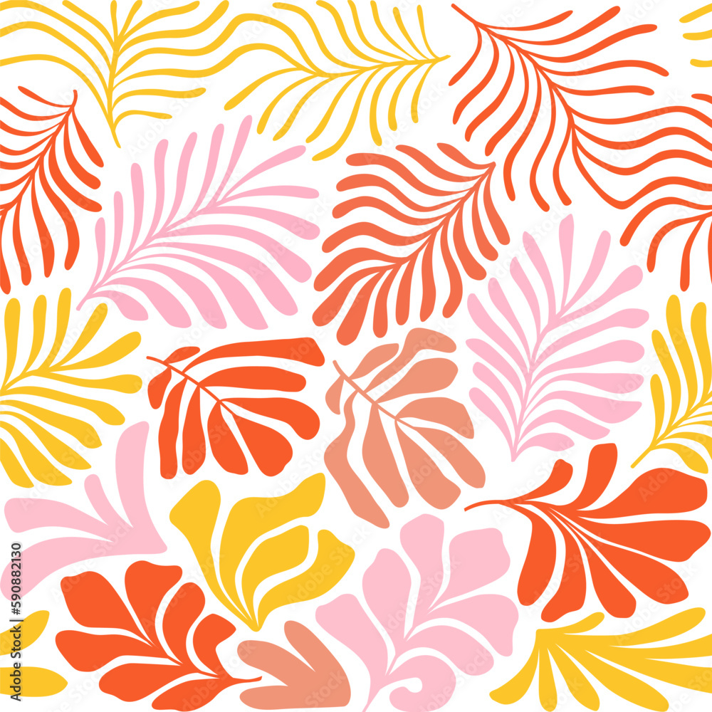 Multicolor abstract background with tropical palm leaves in Matisse style. Vector seamless pattern with Scandinavian cut out elements. Multicolor abstract background with tropical palm leaves in Matisse style. Vector seamless pattern with Scandinavian cut out elements.